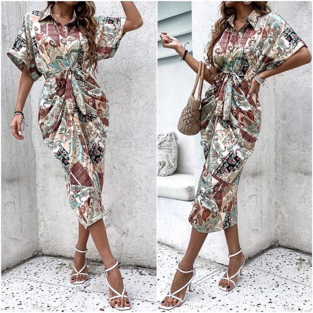 Boho Paisley Print Button up satin Dress - Picture 2 of 4